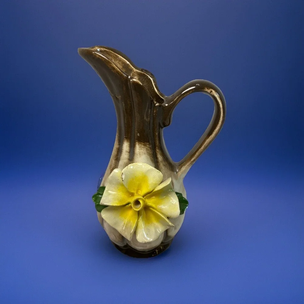 Vintage Capodimonte Porcelain Vase Brown With‎ Yellow Rose 5.8